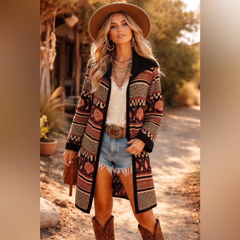SPENSE Women’s Multicolor Striped Colorblock Longline Collared Cardigan Sweater